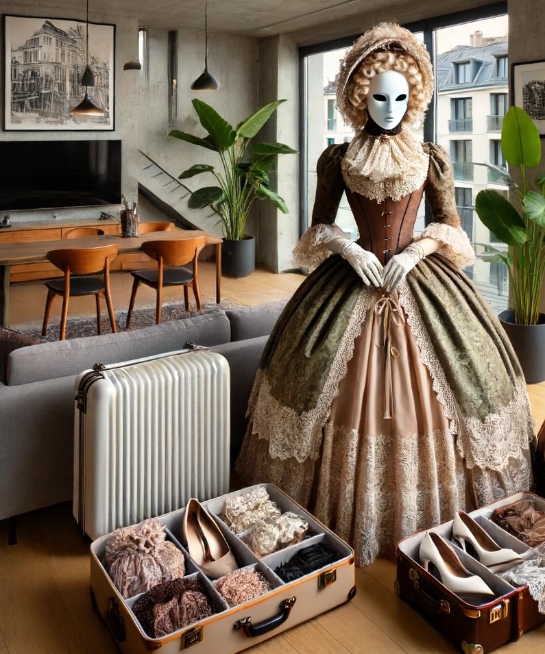 Anna standing amidst the luggage in their Geneva home.